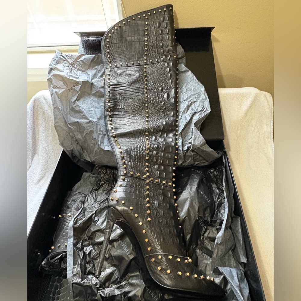 Jennifer Le: Crocodile Black Thigh High Boots w/ Gold Studs